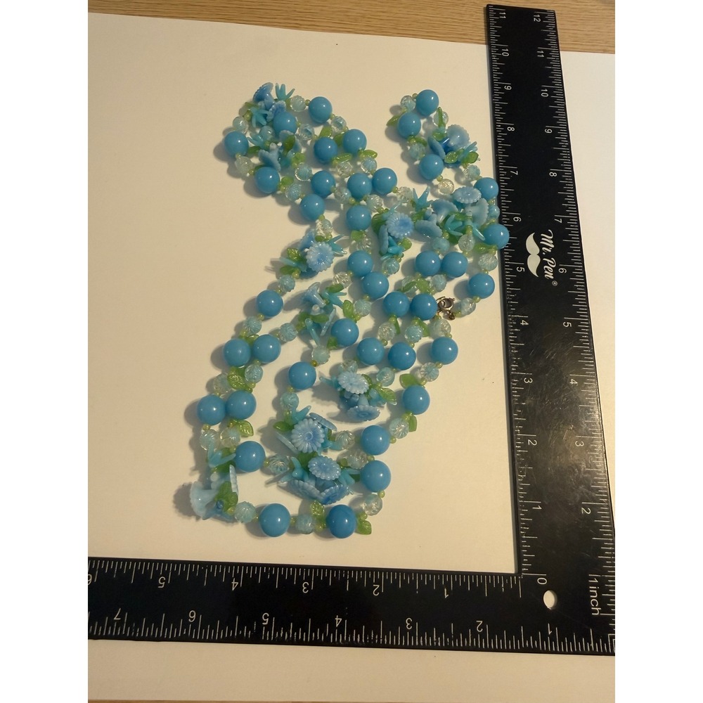 Blue Floral Beaded Necklace Green Leaf Accents Long Strand Garden Style 28 Inch